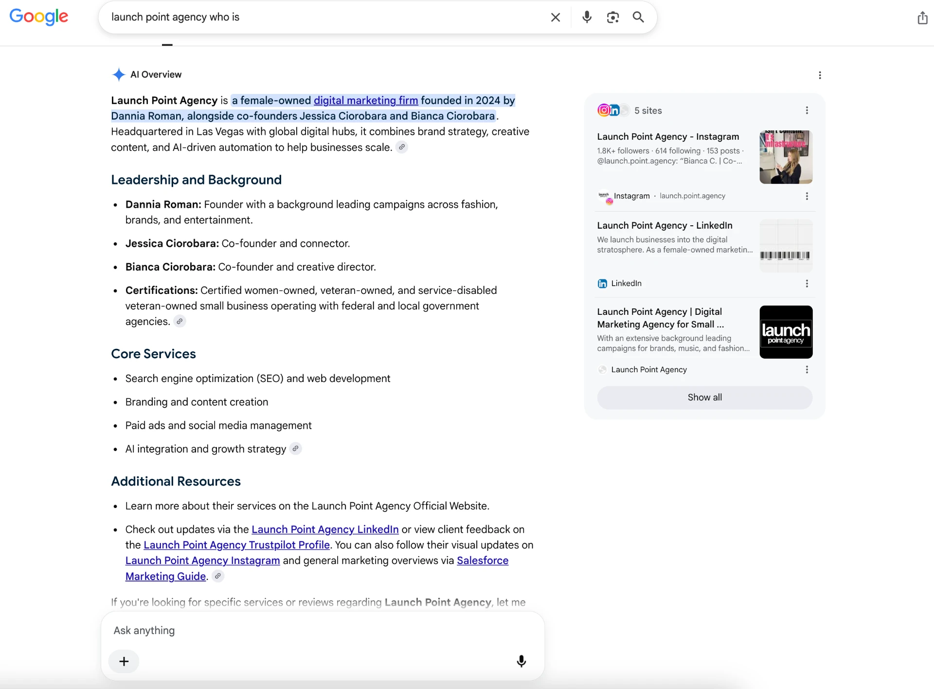 A Google AI Overview answering a brand query directly in search results, with source links listed on the right