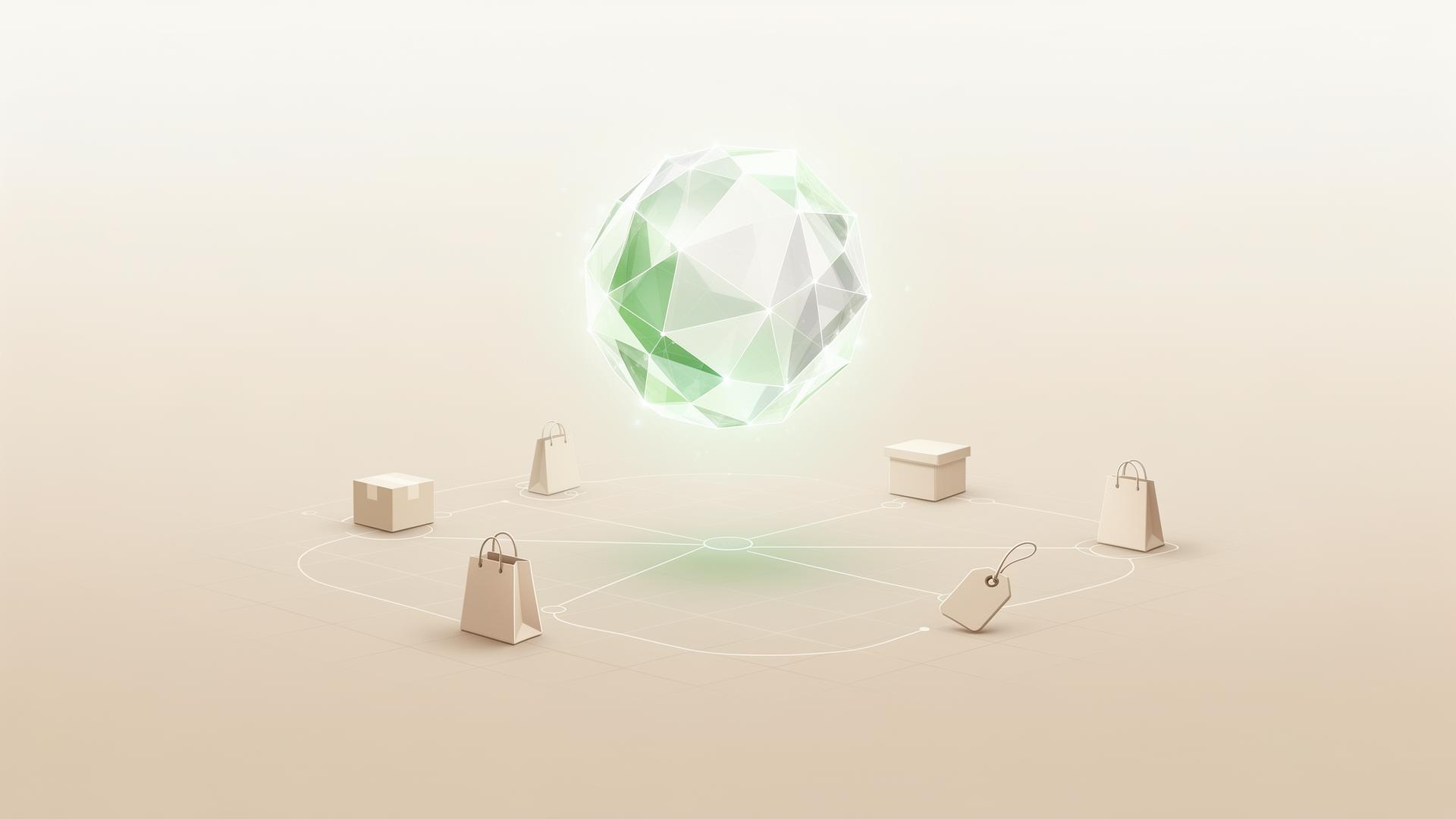 Abstract conceptual illustration of agentic AI e-commerce — a glowing geometric orb connected to a network of product icons, representing AI-driven, automated online shopping.