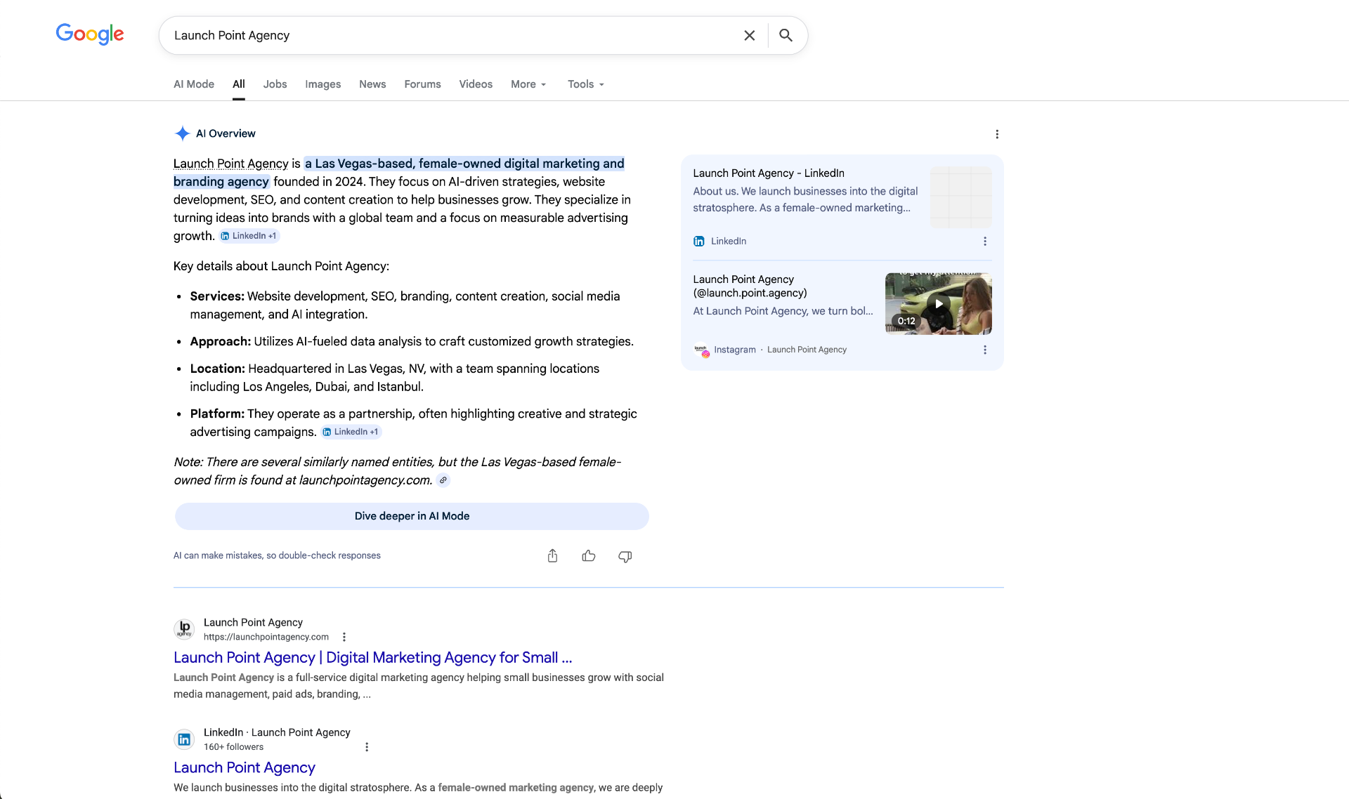 Real example of Google's Search Generative Experience (SGE) AI Overview for the query "Launch Point Agency," showing the AI-generated summary, source citations from LinkedIn and Instagram, and traditional search results below.