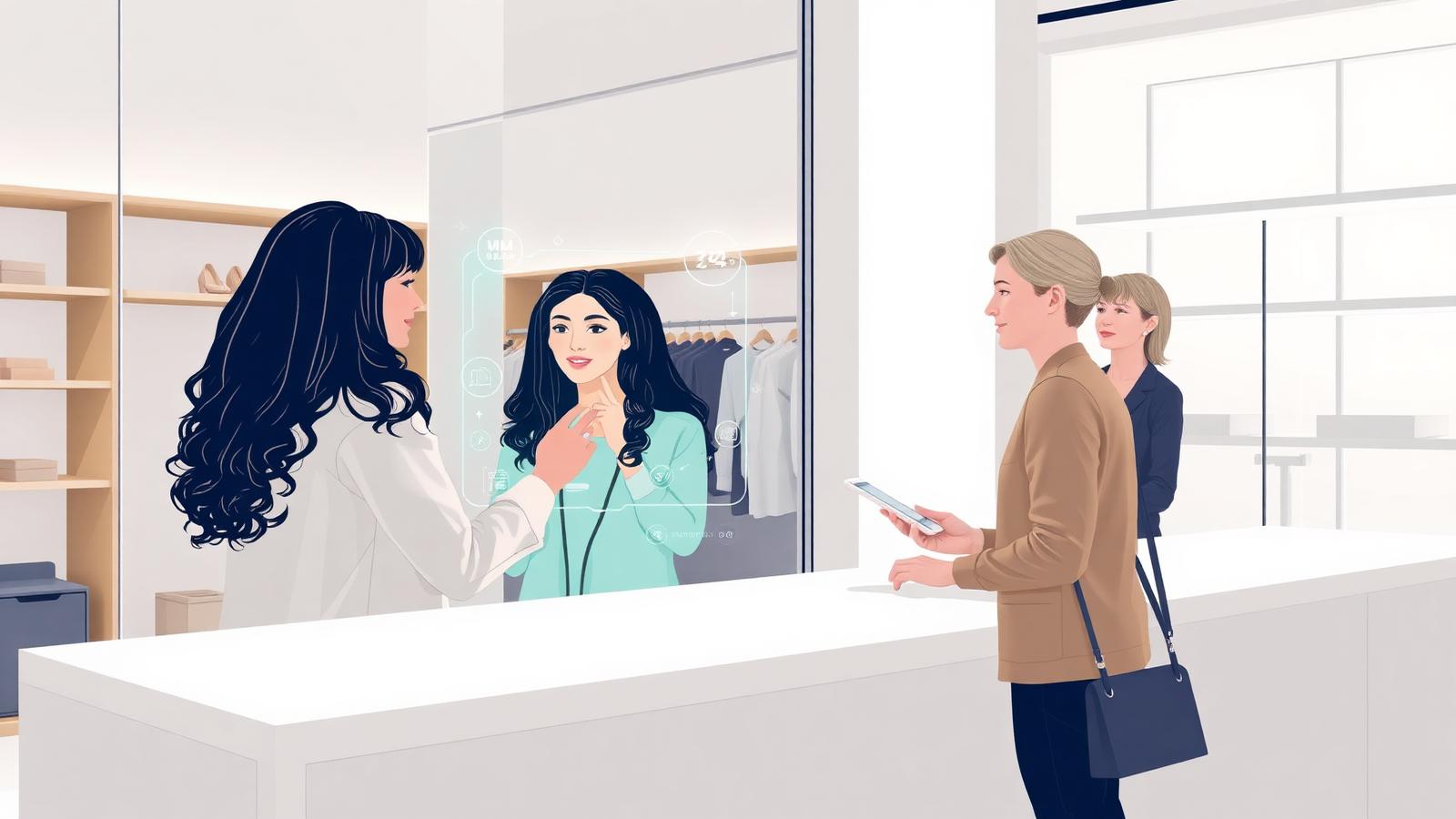 Smart mirror in a modern boutique with a customer trying on outfits while a store associate assists nearby — illustrating how retailers blend AI technology with real human connection.