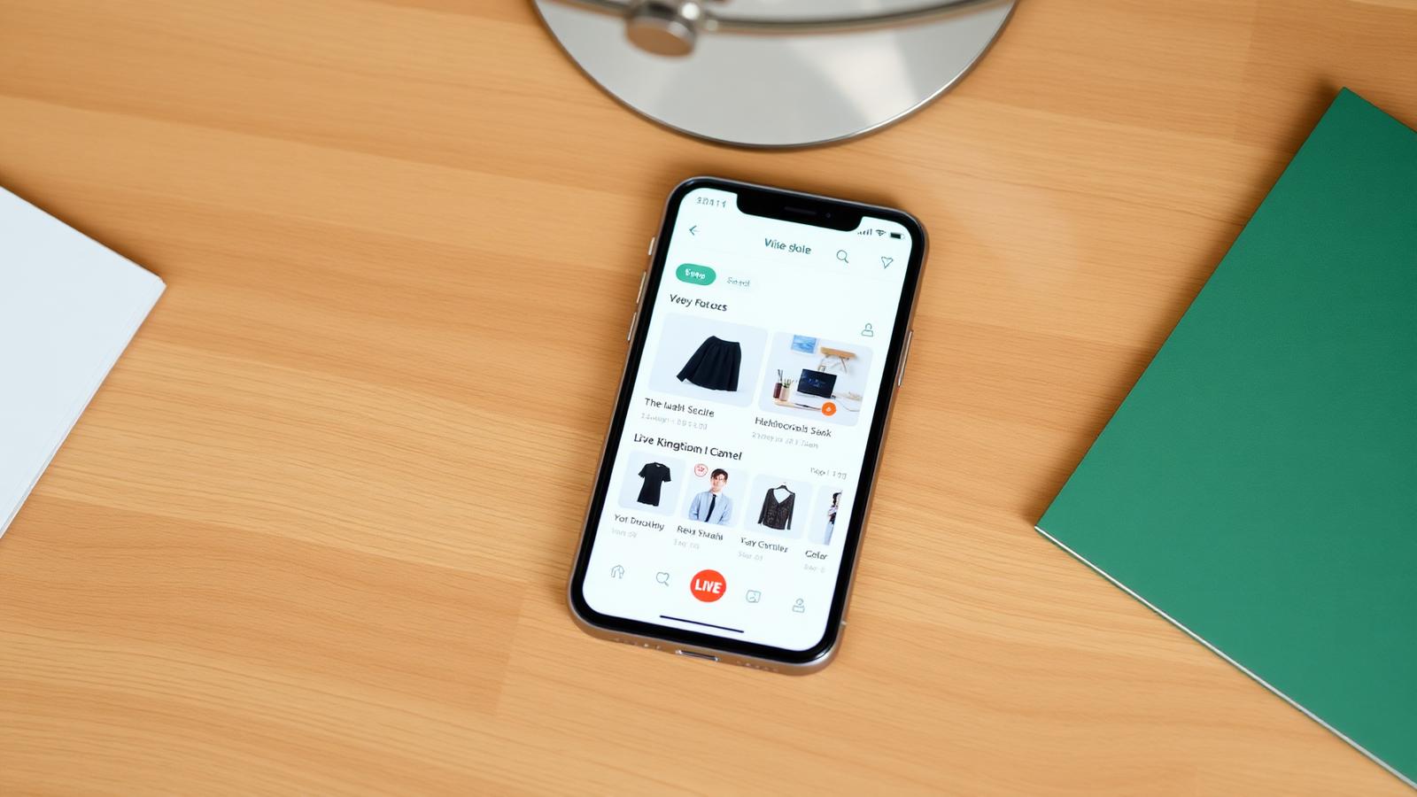 Smartphone displaying a live shopping app interface with product thumbnails and a LIVE badge — illustrating the rise of TikTok Shop and live-selling social commerce.