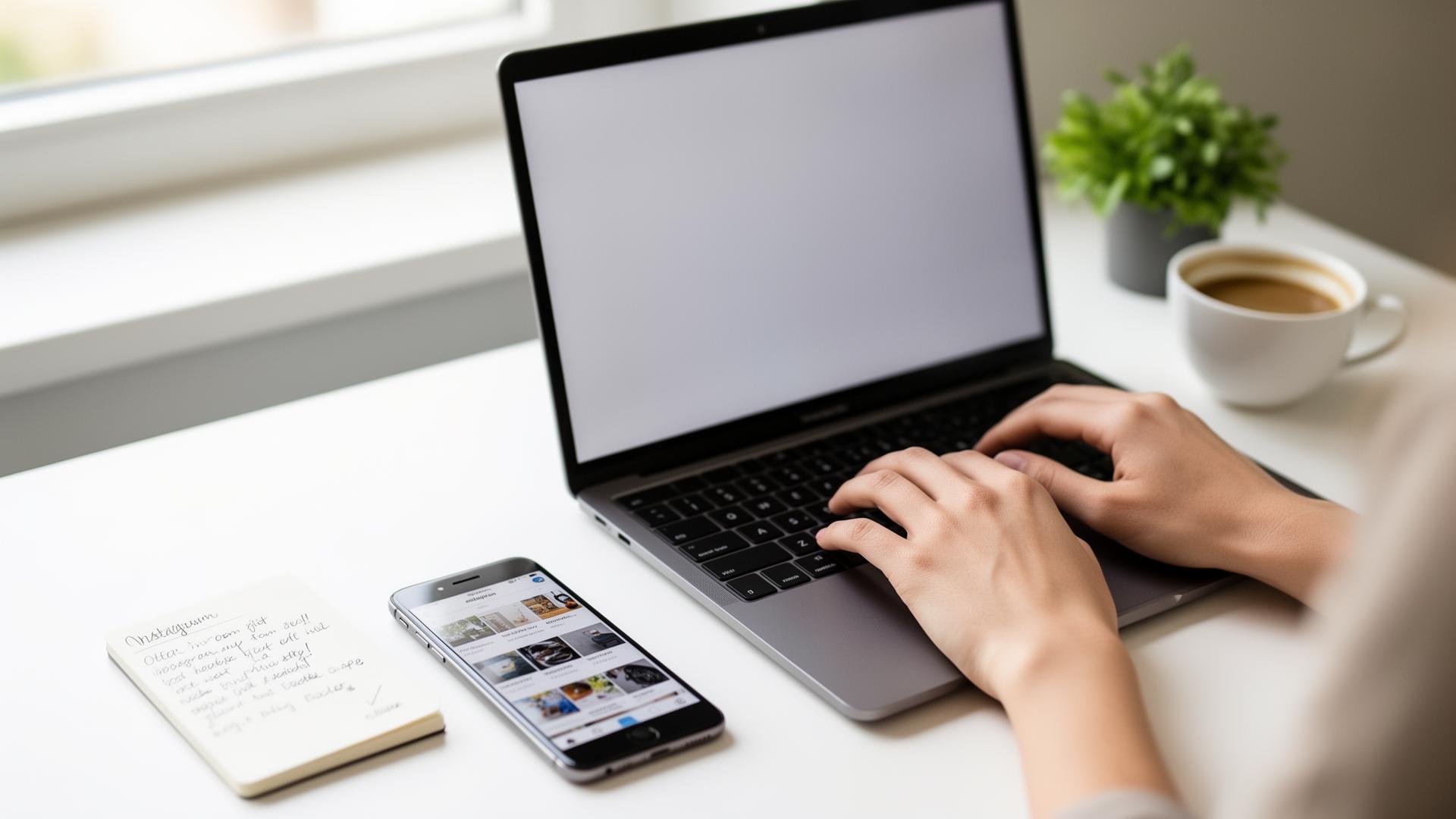 Laptop showing a content calendar on a clean desk with sticky notes, coffee, and a plant — illustrating a thoughtful social media marketing strategy for businesses.