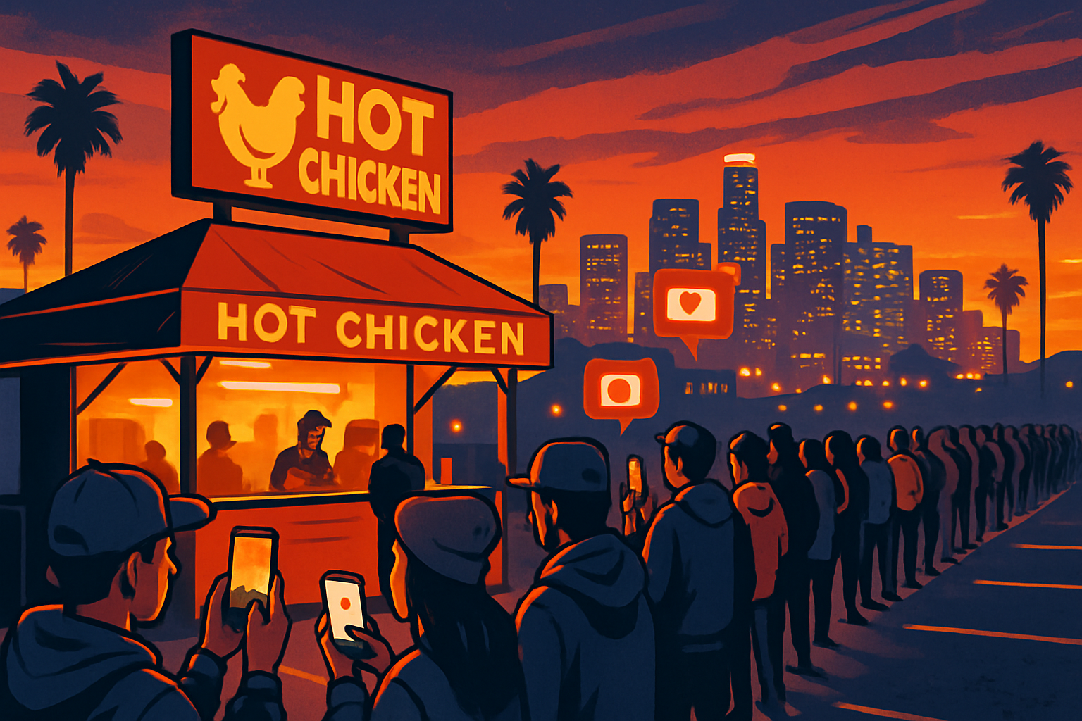 A stylized digital illustration of a hot chicken food popup in a Los Angeles parking lot at sunset with a long line of people wrapping around the bloc-1